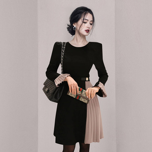YF65651# 秋冬新款韩版女装气质圆领长袖收腰显瘦撞色连衣裙 服装批发女装直播货源