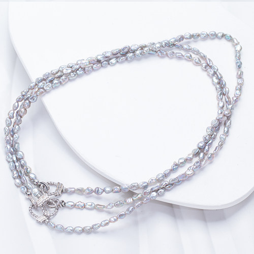 【限售100条】天然淡水无核KESHI冷光银蓝满串项链