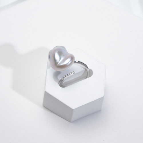 【银块】S925银淡水巴洛克冷白光澳白蓝光KESHI精致开口戒指碎钻