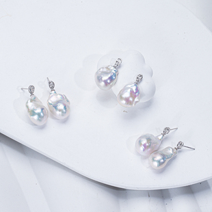 天然淡水巴洛克耳坠S925银猪鼻子耳钉 白细胞片