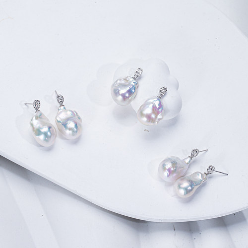 【白细胞片】天然淡水巴洛克耳坠S925银猪鼻子耳钉