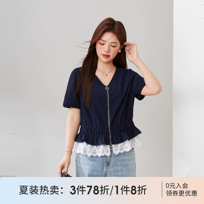 采多宝大码女装时尚花边拼接胖mm短袖女上衣夏薄款轻奢高级感衬衫