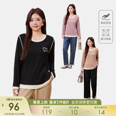 梨型长袖 采多宝大码 新款 圆领撞色绣花上衣胖mm2026春季 t恤 女装