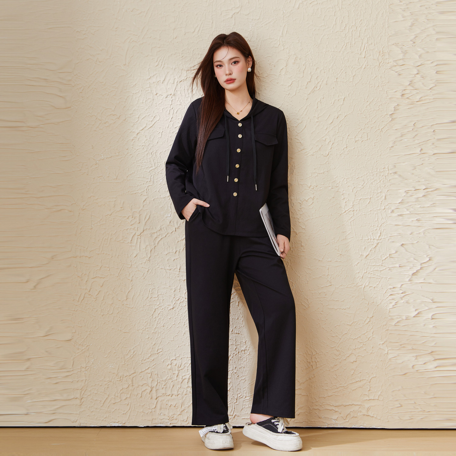 采多宝高端大码女装胖mm2025秋季新款修身显瘦休闲百搭连帽套装