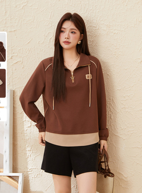 采多宝大码女装胖mm2025秋季新款休闲撞色假两件卫衣EDZ5868N