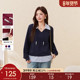 采多宝大码 女装 V领假两件撞色卫衣胖妹妹翻领宽松显瘦极简风上衣