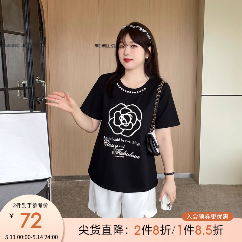 采多宝大码女装胖mm2024夏季新款时尚花朵字母珍珠百搭T恤CXZ1003 女装/女士精品 大码内搭 原图主图