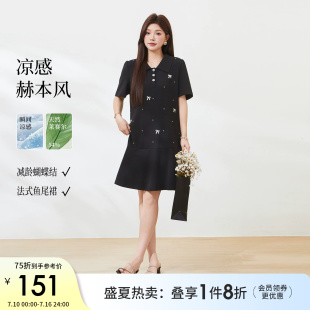 采多宝气质凉感通勤大码女装胖mm新款印花POLO领蝴蝶结鱼尾连衣裙