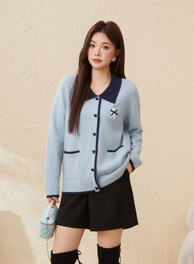 采多宝大码女装胖mm2025冬季新款撞色翻领减龄毛衣EDMY5881