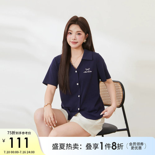 采多宝大码POLO领收腰拼花边T恤