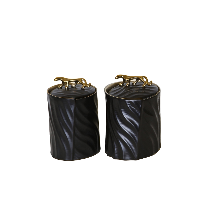 抽象后现代轻奢新古典陶瓷电镀金盖黑白金竖纹装饰罐家居摆台饰品