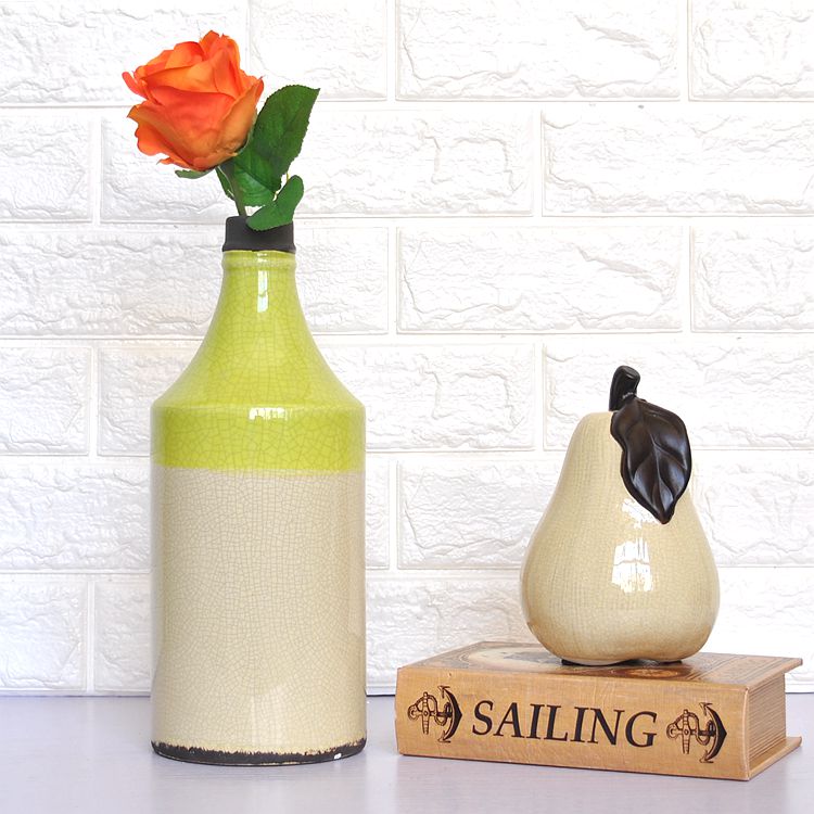 简约现代北欧风格陶瓷米黄拼接嫩绿小口酒瓶造型花瓶家居创意饰品