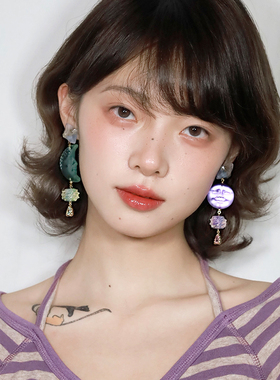 西迟阴与晴圆与缺月亮紫色不对称耳环绿色原创个性银针耳夹耳饰