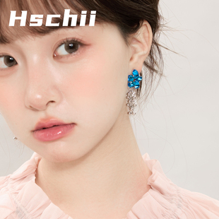 西迟i极简风粉蓝不对称花朵流苏耳环女耳饰金属感清冷小花耳夹