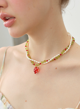 西迟草莓淡水珍珠女叠戴项链