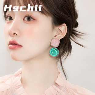 西迟高级感千金粉水绿耳环女时尚显白个性撞色设计感耳饰百搭耳夹