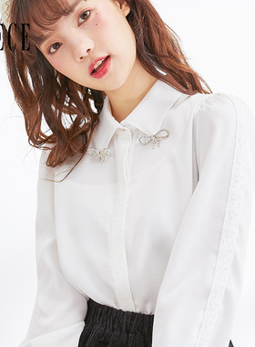 Oece蕾丝花边长袖衬衫上衣春秋新款女装气质白色衬衣