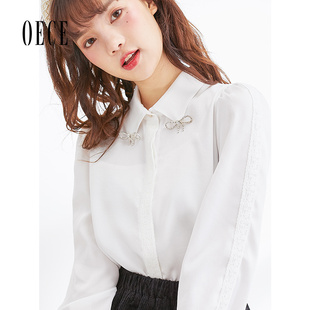女装 上衣春秋新款 气质白色衬衣 衬衫 Oece蕾丝花边长袖