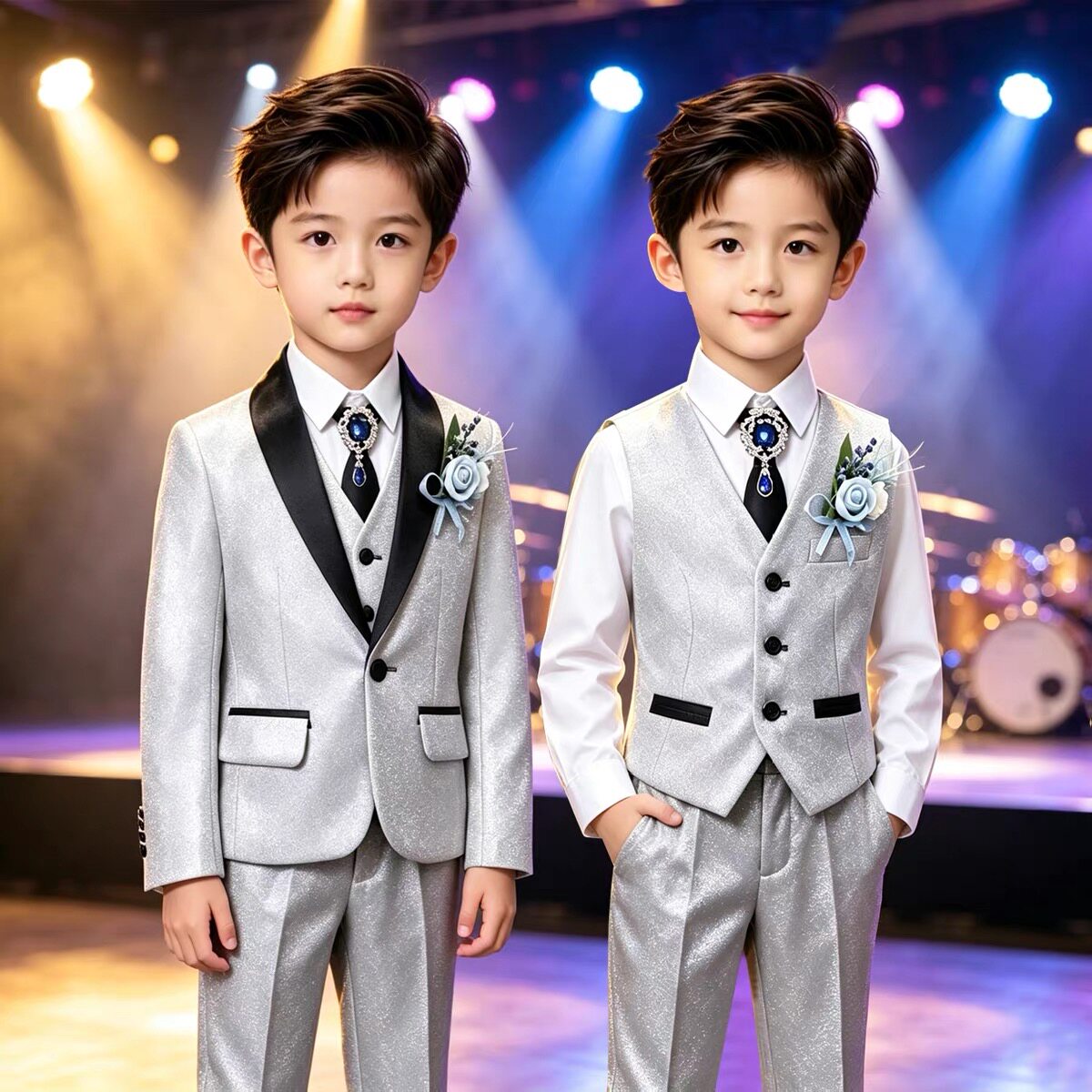 男童银色亮片西装马甲套装帅气儿童生日主持礼服走秀钢琴演出服
