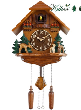 kukoo实木手工雕刻布谷鸟石英挂钟木制钟表咕咕钟兔鹿松树时钟