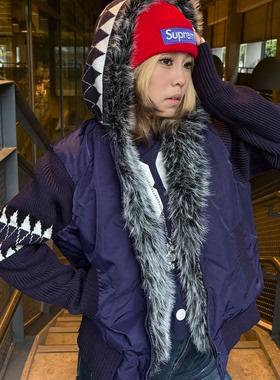 复古小众设计感菱格针织拼接棉服女秋冬百搭加厚保暖毛领连帽夹克