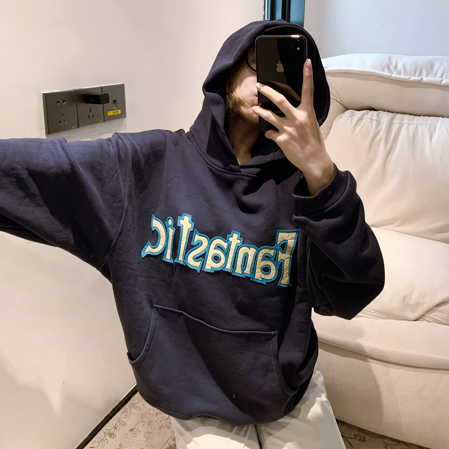 ERL范丞丞朴彩英Lisa同款美式蓝色秋冬加绒情侣潮流男女连帽卫衣