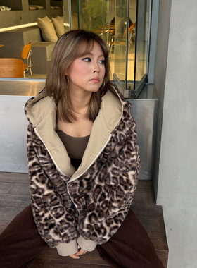 美式复古冬季豹纹双面穿夹克棉服辣妹女宽松潮流加厚保暖棉衣外套