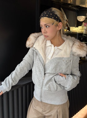 复古小众设计感毛领拼接连帽棉服女秋冬加厚舒适保暖短款百搭外套