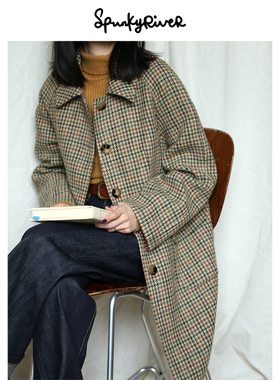 SPR|复古千鸟格粗花呢羊毛大衣擦肩袖英伦大衣 文艺秋冬风衣英式