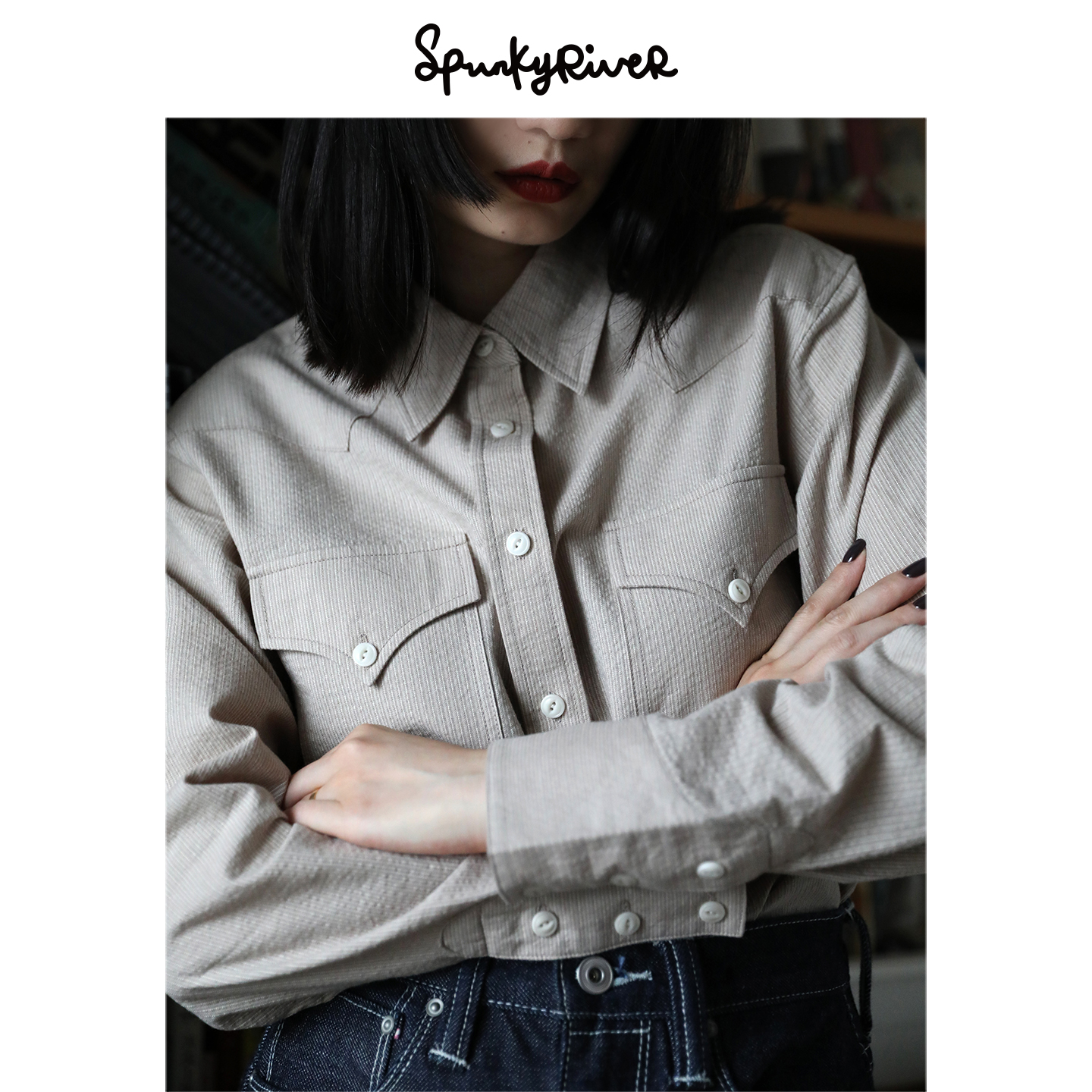 SPR｜女士西部长袖衬衫日产棉麻条纹面料复古美式衬衫