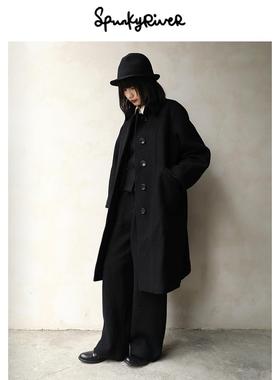 SPR｜意大利珍珠呢圈圈羊毛黑色宽松复古风优雅长大衣法式 英伦风