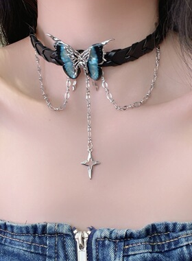 甜酷辣妹个性蝴蝶流苏皮革项链时尚轻奢百搭芒星吊坠锁骨链choker