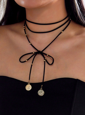 欧美复古双层绒绳 choker 颈链可调蝴蝶结金属圆牌吊坠辣妹锁骨链