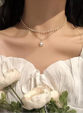 简约小众双层珍珠锁骨链choker