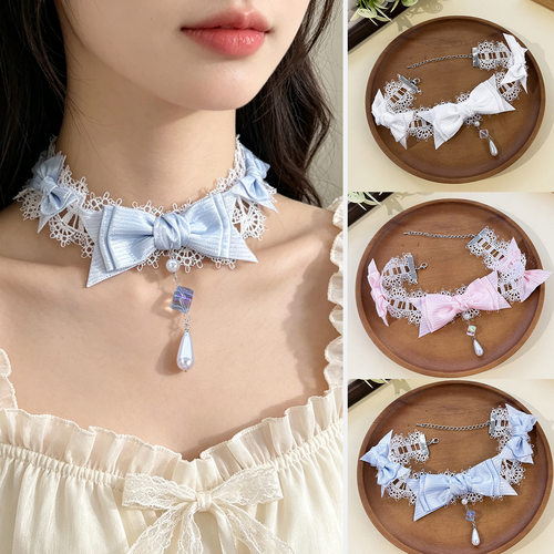 春夏洛丽塔蕾丝缎带蝴蝶结choker项链甜系少女lo裙锁骨链颈饰品