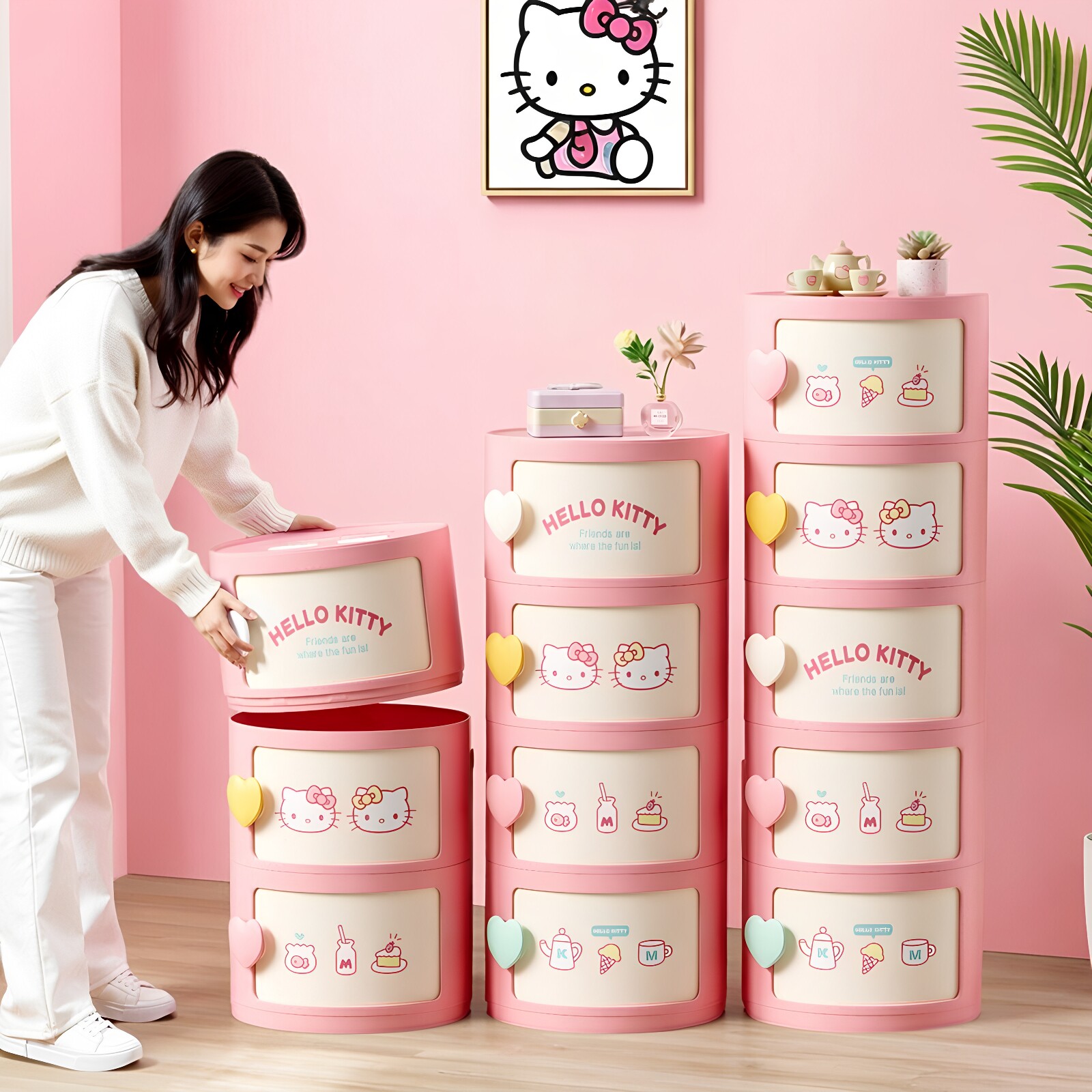 三丽鸥helloKitty圆形收纳柜儿童房多层储物柜卡通可爱玩具零食kt