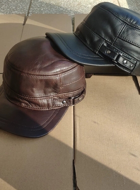 男士牛皮帽子羊皮真皮护耳棉帽中老年冬季加厚保暖户外男款可调节