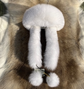 女士狐狸帽子獭兔蒙古帽冬季护耳公主围巾帽白色黑色女款皮草户外