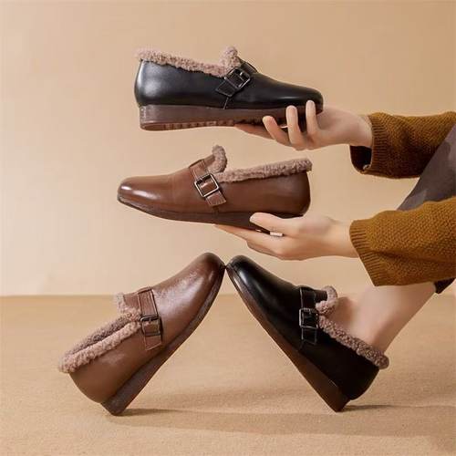 【】冬天羊毛保暖妈妈棉鞋平跟外穿中老年休闲毛毛鞋6528