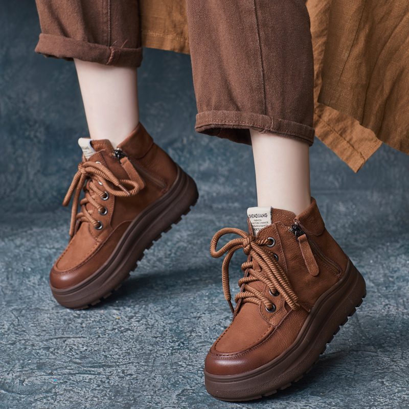 厚底骑士靴手工真皮双拉链马丁靴