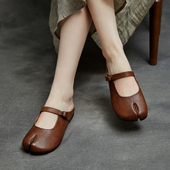 系带复古软底女鞋 真皮英伦风分趾鞋 2026春夏新款 平底包头半拖鞋