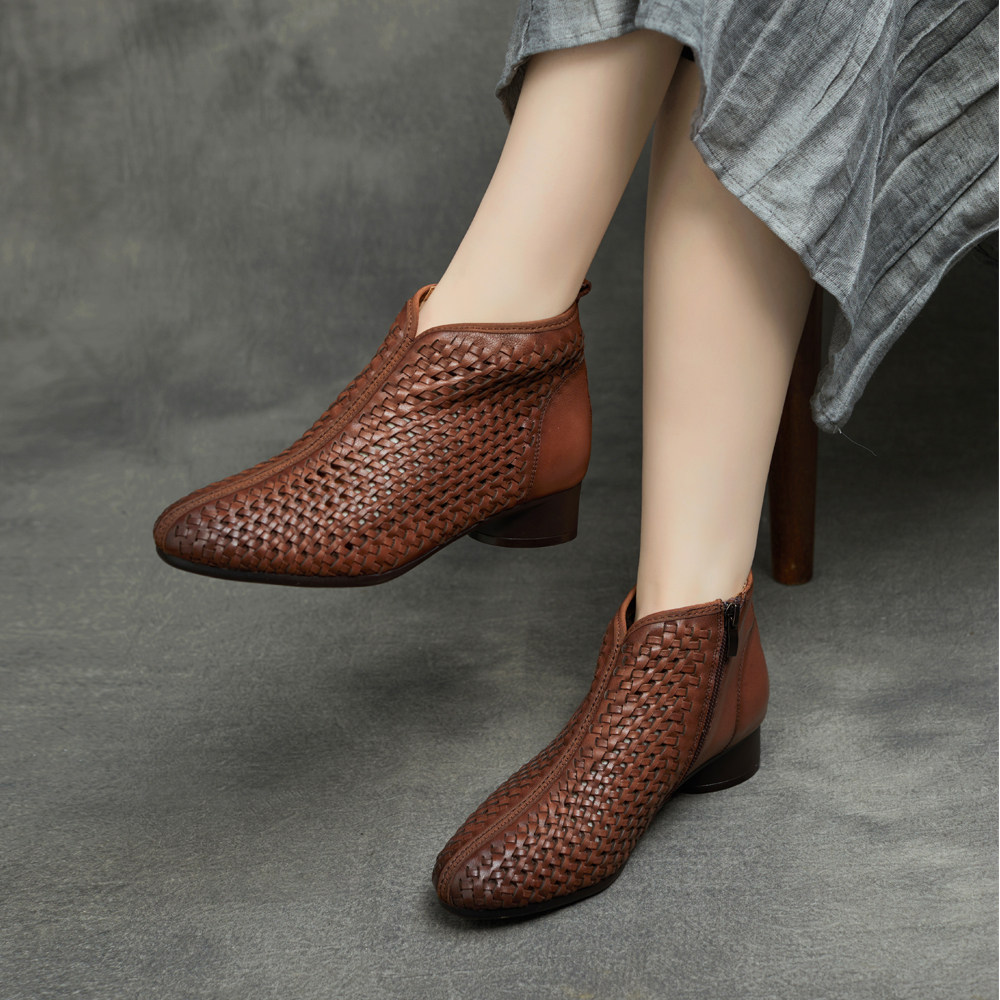 2026春夏新款帅气英伦风侧拉链真皮打孔圆头编织镂空平跟罗马凉靴