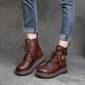 2025秋季 新款 真皮英伦风手工圆头侧拉链厚底马丁靴坡跟单靴短靴
