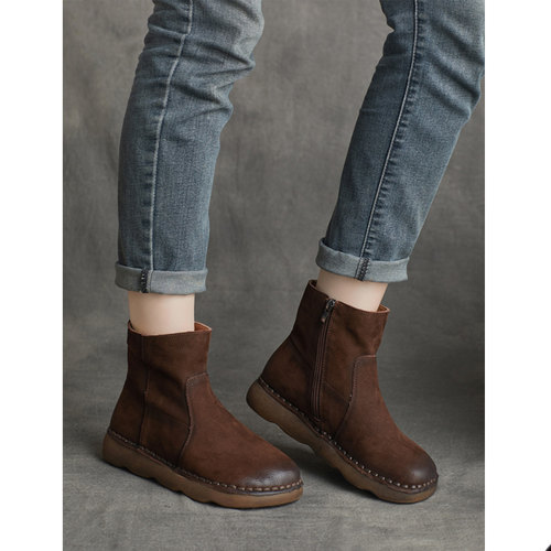 真皮圆头平跟马丁靴手工女靴