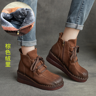 2025秋冬新款 手工真皮厚底马丁靴短靴子女防水台坡跟复古保暖棉鞋
