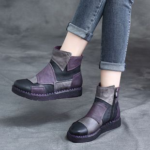 子个性 加绒雪地靴女款 鞋 冬季 拼色软底真皮短靴平底马丁靴 2025新款