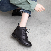 休闲高帮真皮女鞋 侧拉链短靴女2025秋季 时尚 圆头加绒加厚棉鞋 新款