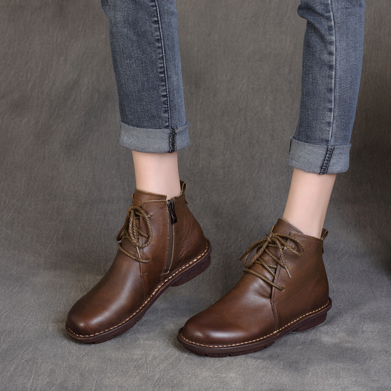 2025秋季新款复古手工真皮平底鞋系带单靴不累脚高帮软底休闲靴子,女鞋,高帮鞋,淘宝优惠券,粉丝福利购,淘宝优惠卷