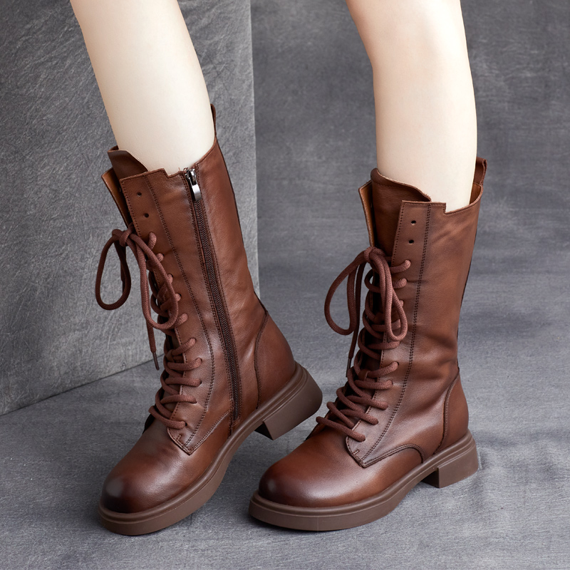 2025秋冬新款手工英伦风真皮圆头中筒靴平底短靴保暖加绒马丁靴女