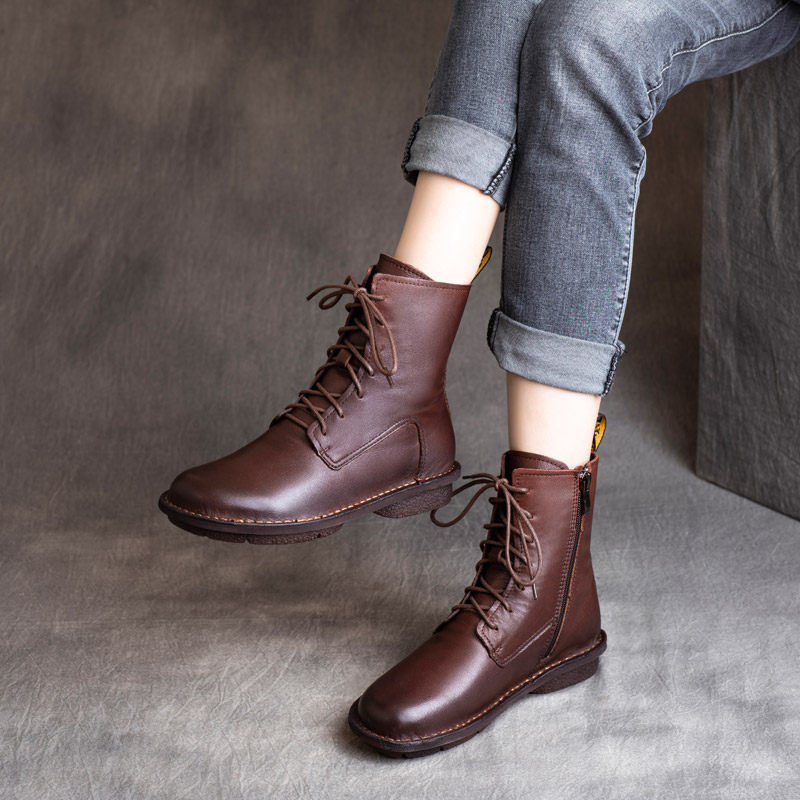 2025秋冬新款民族风复古真皮手工侧拉链短靴系带软底平底棉靴,女鞋,马丁靴,淘宝优惠券,粉丝福利购,淘宝优惠卷